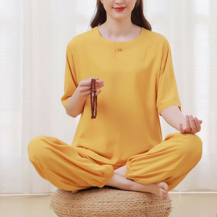 Set di 2 pezzi Buddha Stones, tinta unita, con bottoni a rana, design semplice, girocollo, mezza manica, pantaloni con elastico in vita, meditazione, zen, tai chi, abbigliamento in cotone da donna
