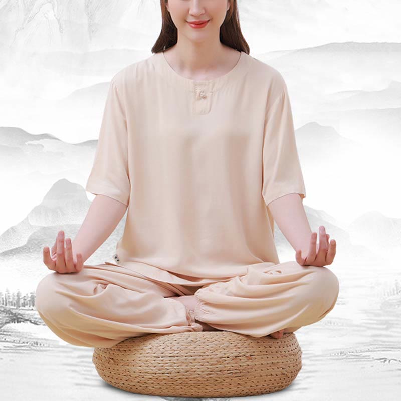 Set di 2 pezzi Buddha Stones, tinta unita, con bottoni a rana, design semplice, girocollo, mezza manica, pantaloni con elastico in vita, meditazione, zen, tai chi, abbigliamento in cotone da donna