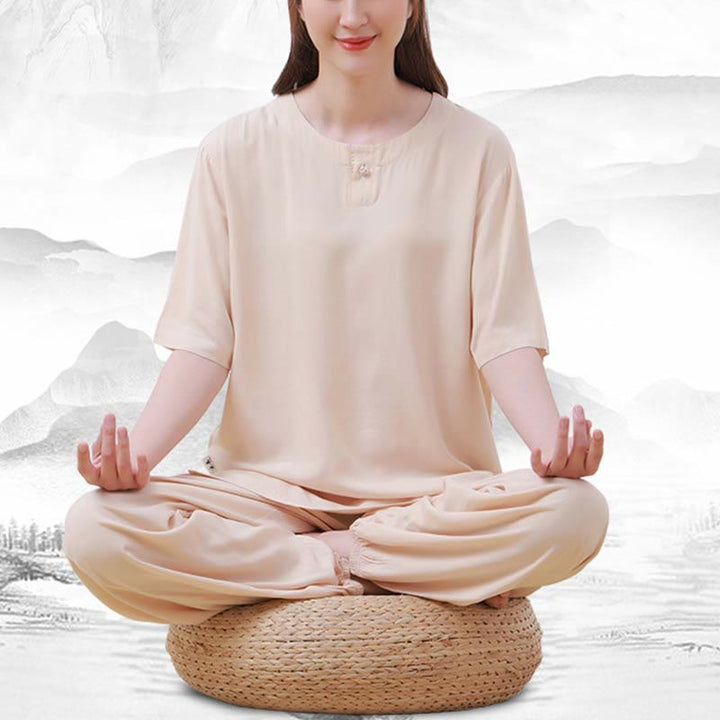 Set di 2 pezzi Buddha Stones, tinta unita, con bottoni a rana, design semplice, girocollo, mezza manica, pantaloni con elastico in vita, meditazione, zen, tai chi, abbigliamento in cotone da donna