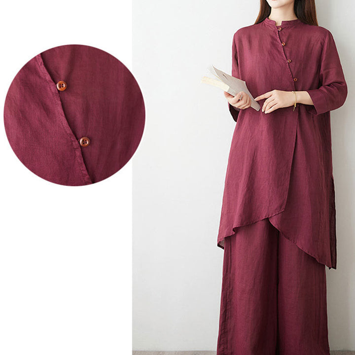 Set da donna casual Buddha Stones, 2 pezzi, semplice, con maniche a tre quarti, colletto obliquo, camicia, pantaloni larghi con tasche, abbigliamento da meditazione Zen Tai Chi - image 8