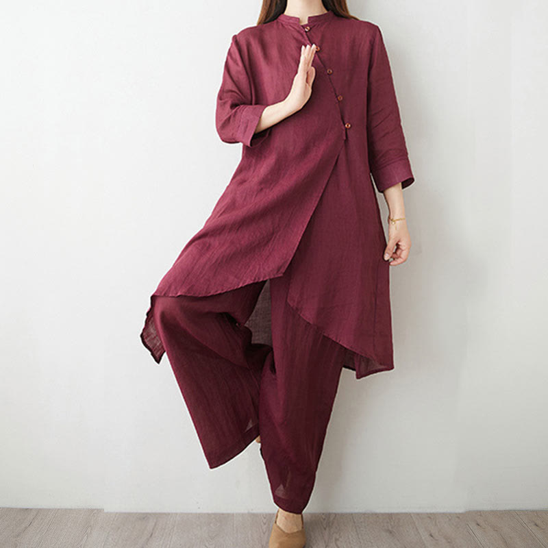 Set da donna casual Buddha Stones, 2 pezzi, semplice, con maniche a tre quarti, colletto obliquo, camicia, pantaloni larghi con tasche, abbigliamento da meditazione Zen Tai Chi - image 6