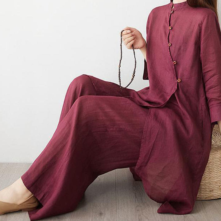 Set da donna casual Buddha Stones, 2 pezzi, semplice, con maniche a tre quarti, colletto obliquo, camicia, pantaloni larghi con tasche, abbigliamento da meditazione Zen Tai Chi - image 7