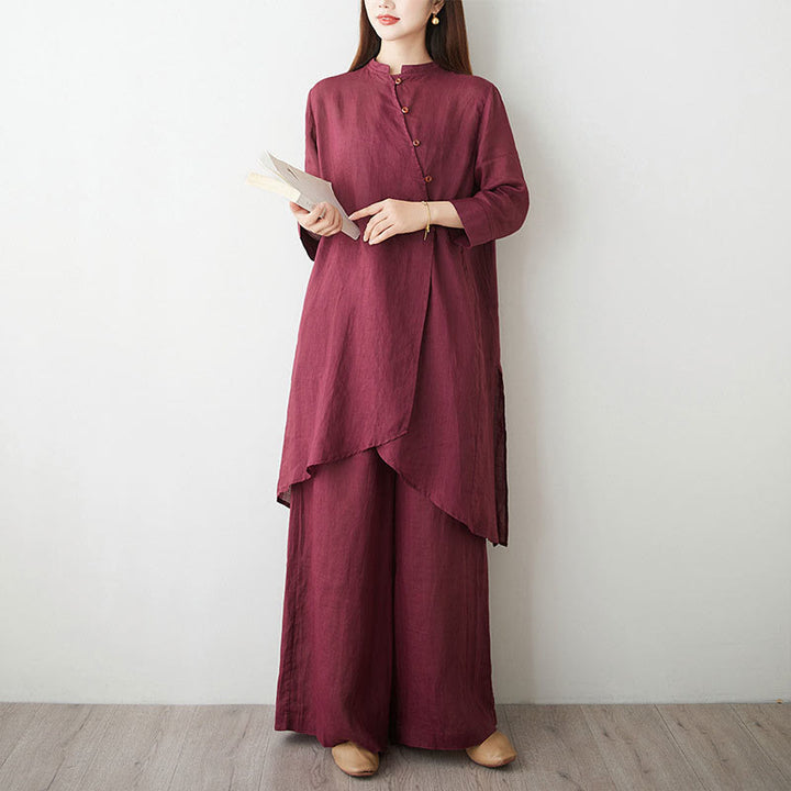 Set da donna casual Buddha Stones, 2 pezzi, semplice, con maniche a tre quarti, colletto obliquo, camicia, pantaloni larghi con tasche, abbigliamento da meditazione Zen Tai Chi - image 2