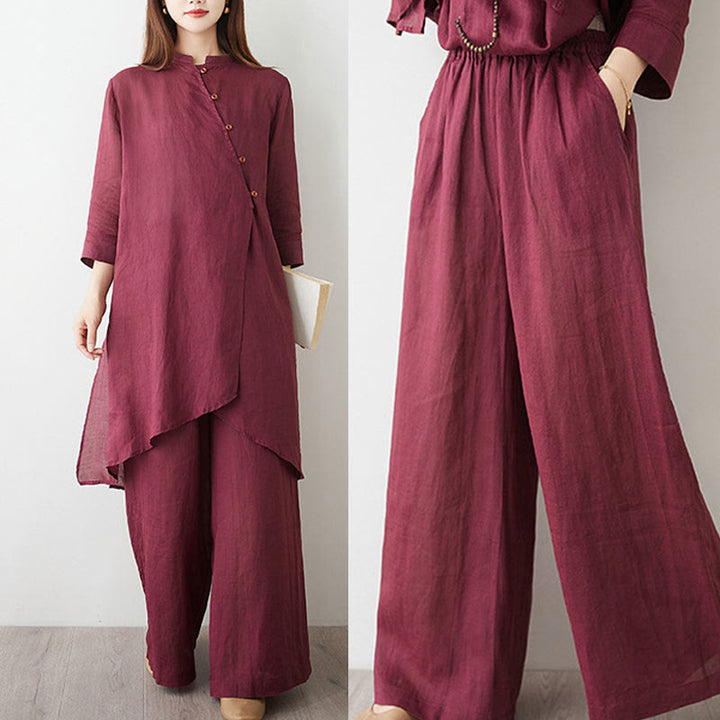 Set da donna casual Buddha Stones, 2 pezzi, semplice, con maniche a tre quarti, colletto obliquo, camicia, pantaloni larghi con tasche, abbigliamento da meditazione Zen Tai Chi - image 17