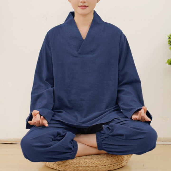 Set da donna casual con 2 Buddha Stones, a maniche lunghe, con motivo stropicciato, camicia, gonna e tasche, per meditazione, Zen e Tai Chi.