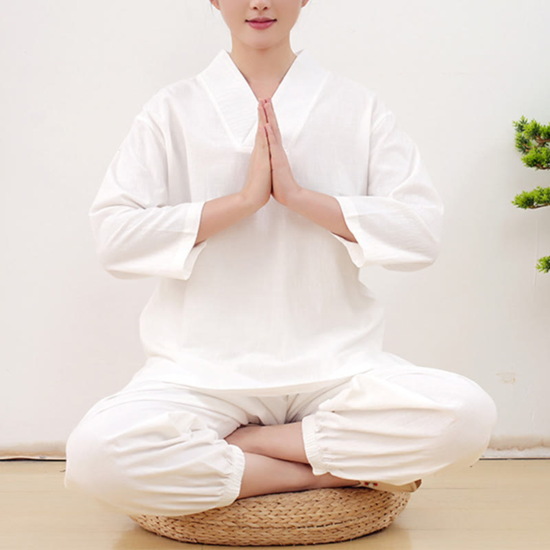 Set da donna casual con 2 Buddha Stones, a maniche lunghe, con motivo stropicciato, camicia, gonna e tasche, per meditazione, Zen e Tai Chi.
