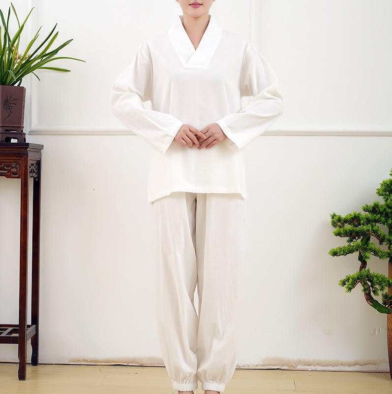 Set da donna casual con 2 Buddha Stones, a maniche lunghe, con motivo stropicciato, camicia, gonna e tasche, per meditazione, Zen e Tai Chi.