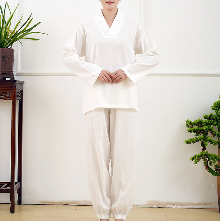 Set da donna casual con 2 Buddha Stones, a maniche lunghe, con motivo stropicciato, camicia, gonna e tasche, per meditazione, Zen e Tai Chi.