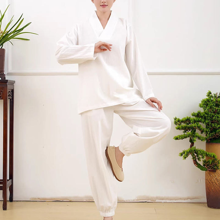 Set da donna casual con 2 Buddha Stones, a maniche lunghe, con motivo stropicciato, camicia, gonna e tasche, per meditazione, Zen e Tai Chi.