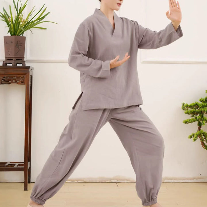Set da donna casual con 2 Buddha Stones, a maniche lunghe, con motivo stropicciato, camicia, gonna e tasche, per meditazione, Zen e Tai Chi.
