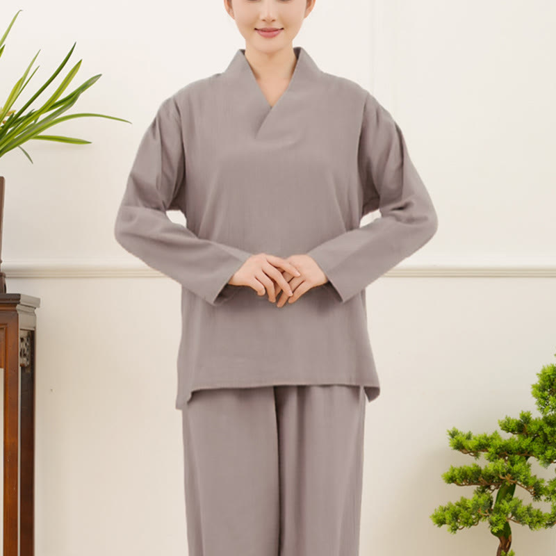 Set da donna casual con 2 Buddha Stones, a maniche lunghe, con motivo stropicciato, camicia, gonna e tasche, per meditazione, Zen e Tai Chi.