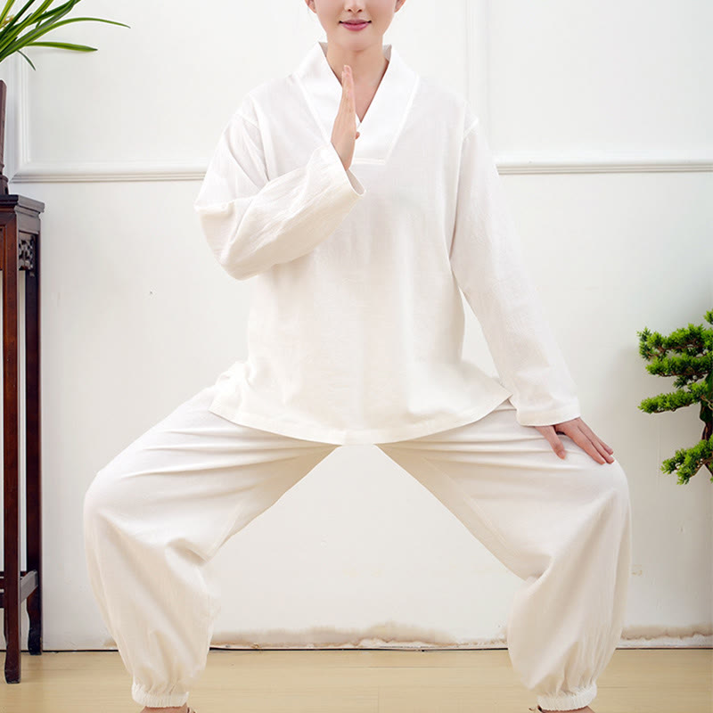 Set da donna casual con 2 Buddha Stones, a maniche lunghe, con motivo stropicciato, camicia, gonna e tasche, per meditazione, Zen e Tai Chi.