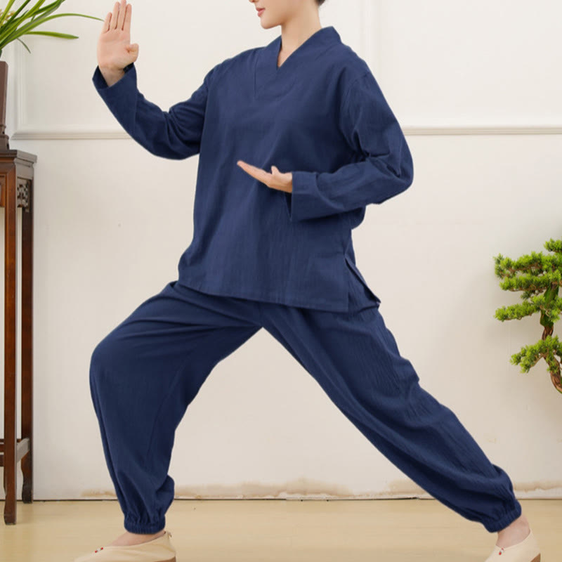 Set da donna casual con 2 Buddha Stones, a maniche lunghe, con motivo stropicciato, camicia, gonna e tasche, per meditazione, Zen e Tai Chi.