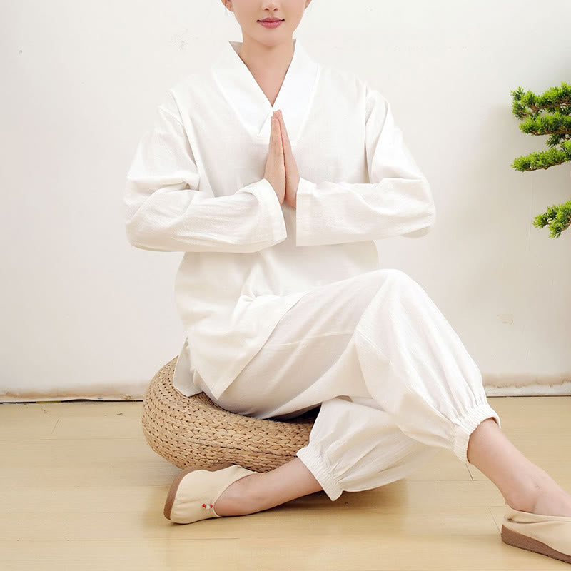 Set da donna casual con 2 Buddha Stones, a maniche lunghe, con motivo stropicciato, camicia, gonna e tasche, per meditazione, Zen e Tai Chi.