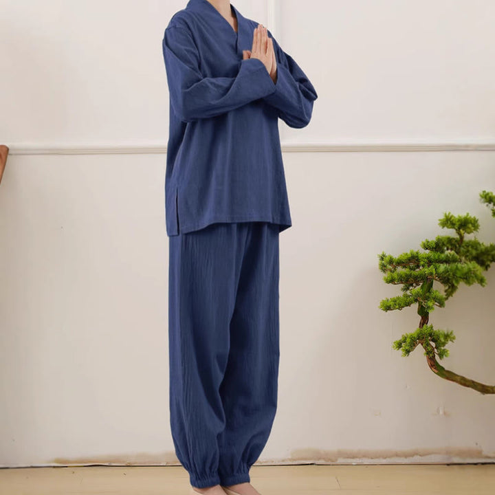 Set da donna casual con 2 Buddha Stones, a maniche lunghe, con motivo stropicciato, camicia, gonna e tasche, per meditazione, Zen e Tai Chi.