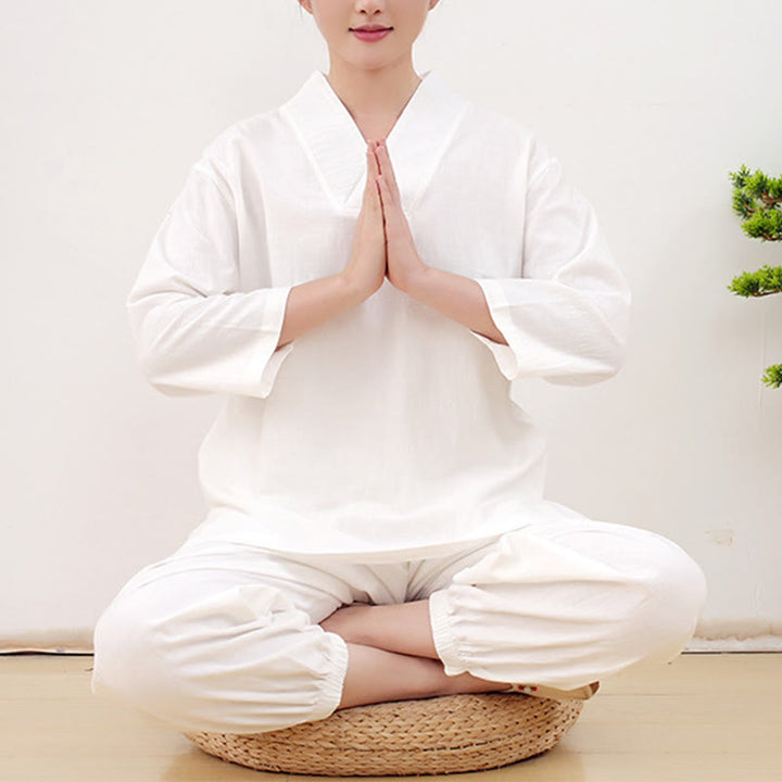 Set da donna casual con 2 Buddha Stones, a maniche lunghe, con motivo stropicciato, camicia, gonna e tasche, per meditazione, Zen e Tai Chi. - Bianco - US14, UK/AU18, EU46 (2XL) - image 6