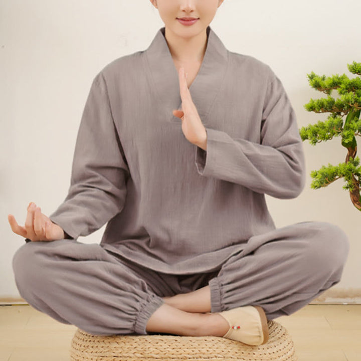 Set da donna casual con 2 Buddha Stones, a maniche lunghe, con motivo stropicciato, camicia, gonna e tasche, per meditazione, Zen e Tai Chi.