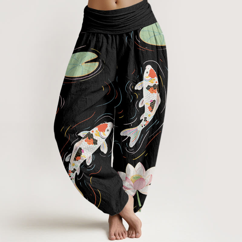 Pantaloni harem da donna con elastico in vita, motivo Buddha Stones, fiori di loto, foglie di loto, pesci koi e increspature d'acqua - Nero - US22, UK/AU26, EU54 (6XL) - image 0