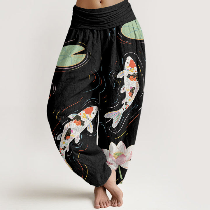 Pantaloni harem da donna con elastico in vita, motivo con Buddha Stones, fiori di loto, foglie di loto, pesci koi e increspature d'acqua - Nero - US22, UK/AU26, EU54 (6XL) - image 1