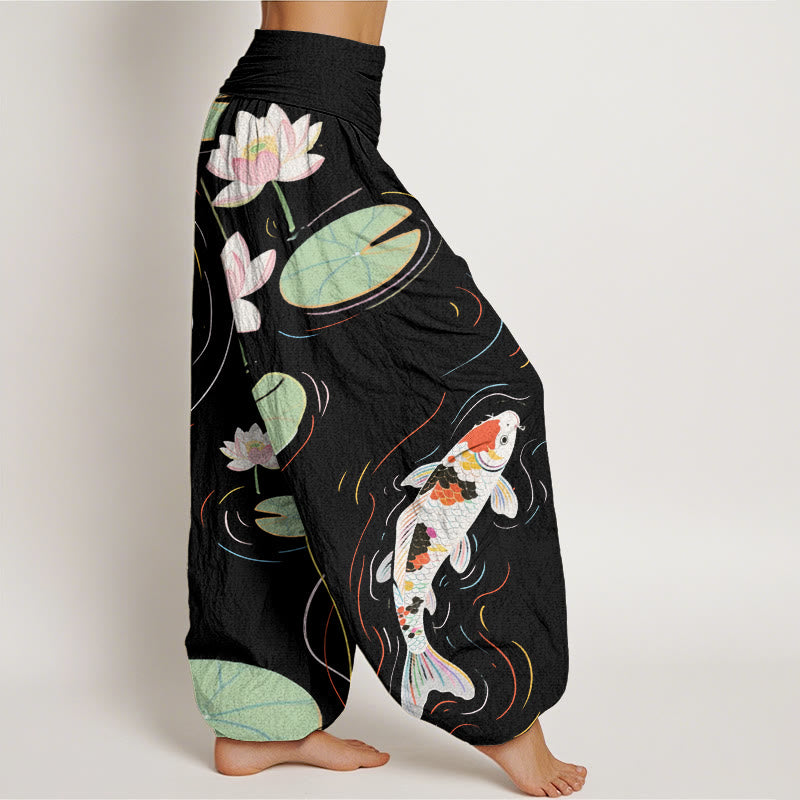 Pantaloni harem da donna con elastico in vita, motivo con Buddha Stones, fiori di loto, foglie di loto, pesci koi e increspature d'acqua - image 2