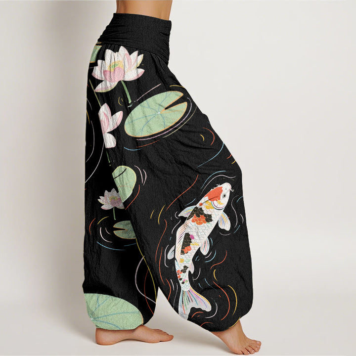 Pantaloni harem da donna con elastico in vita, motivo Buddha Stones, fiori di loto, foglie di loto, pesci koi e increspature d'acqua - image 2