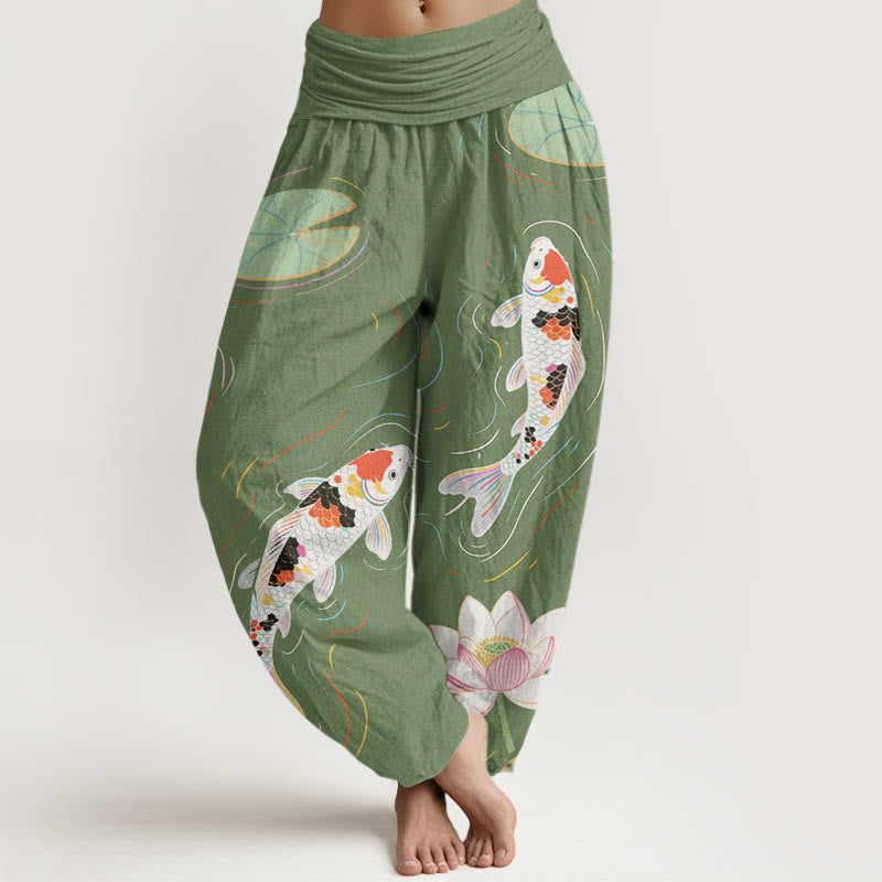 Pantaloni harem da donna con elastico in vita, motivo con Buddha Stones, fiori di loto, foglie di loto, pesci koi e increspature d'acqua - Verdemare medio - US22, UK/AU26, EU54 (6XL) - image 5