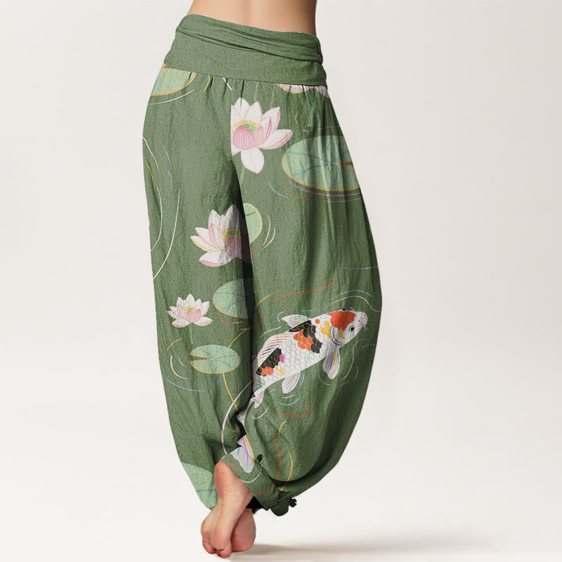 Pantaloni harem da donna con elastico in vita, motivo con Buddha Stones, fiori di loto, foglie di loto, pesci koi e increspature d'acqua - image 6