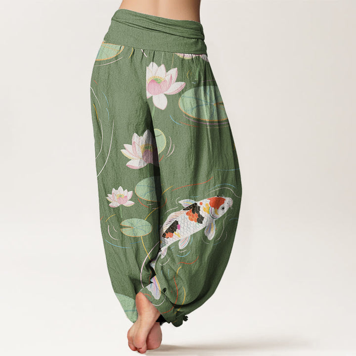 Pantaloni harem da donna con elastico in vita, motivo con Buddha Stones, fiori di loto, foglie di loto, pesci koi e increspature d'acqua - image 6