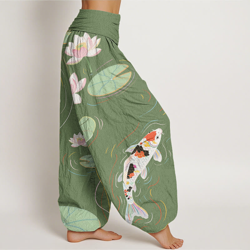 Pantaloni harem da donna con elastico in vita, motivo con Buddha Stones, fiori di loto, foglie di loto, pesci koi e increspature d'acqua - image 7
