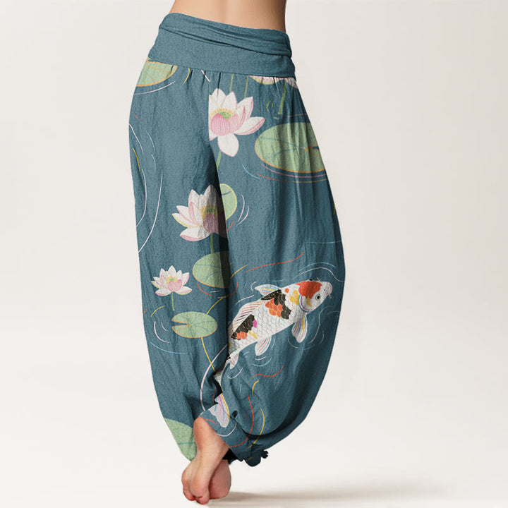 Pantaloni harem da donna con elastico in vita, motivo con Buddha Stones, fiori di loto, foglie di loto, pesci koi e increspature d'acqua - image 9
