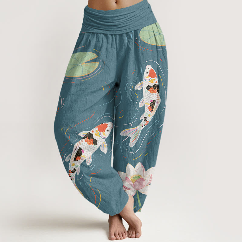 Pantaloni harem da donna con elastico in vita, motivo con Buddha Stones, fiori di loto, foglie di loto, pesci koi e increspature d'acqua - VerdeMare Chiaro - US22, UK/AU26, EU54 (6XL) - image 8