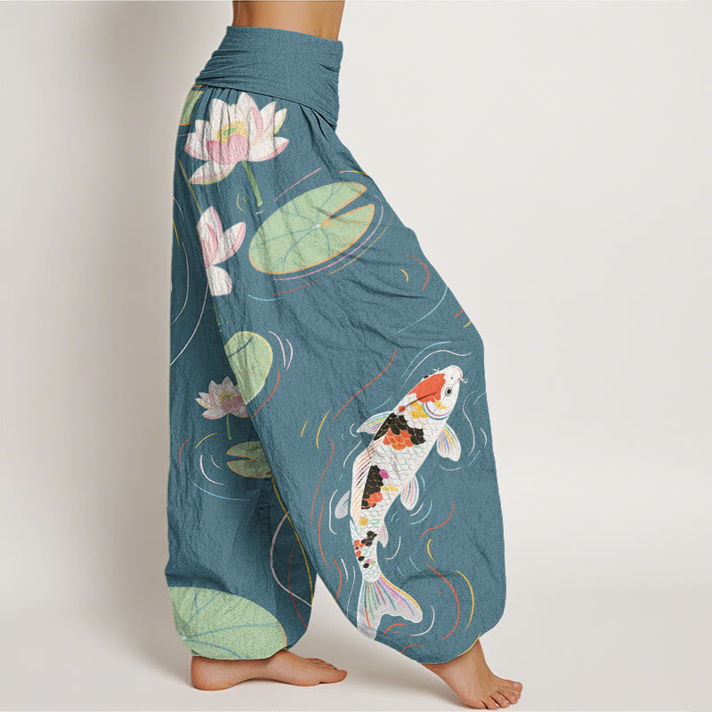 Pantaloni harem da donna con elastico in vita, motivo con Buddha Stones, fiori di loto, foglie di loto, pesci koi e increspature d'acqua - image 10