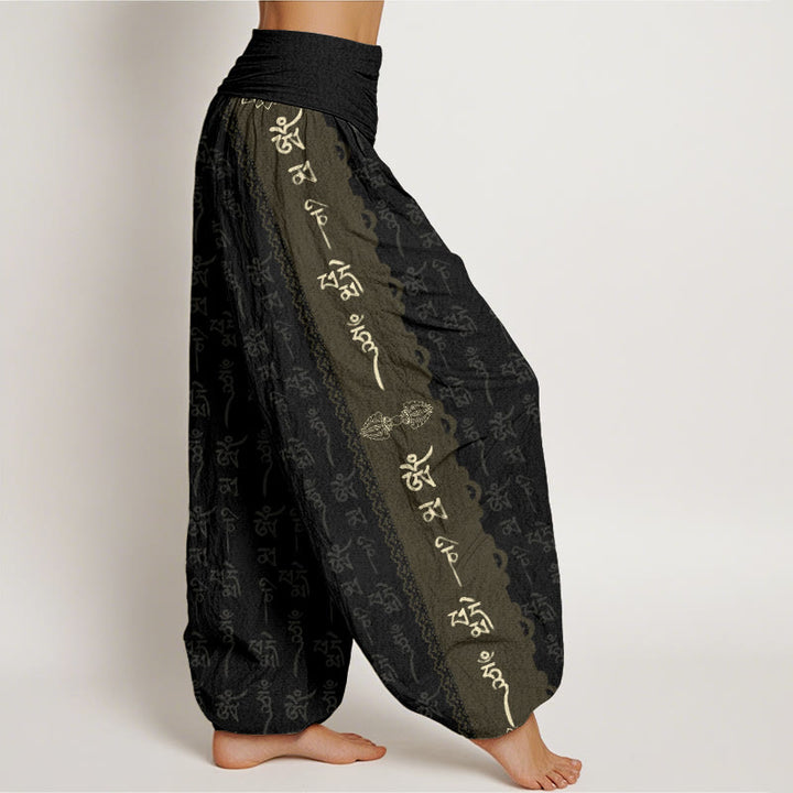 Pantaloni harem da donna con elastico in vita e motivo Buddha Stones in cotone Om Mani Padme Hum - image 2