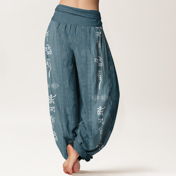 Pantaloni harem da donna con elastico in vita e motivo Buddha Stones in cotone Om Mani Padme Hum - image 5