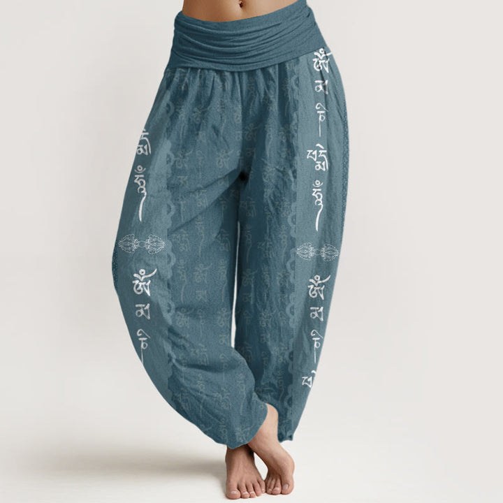 Pantaloni harem da donna con elastico in vita e motivo Buddha Stones Om Mani Padme Hum - Ciano scuro - US22, UK/AU26, EU54 (6XL) - image 5