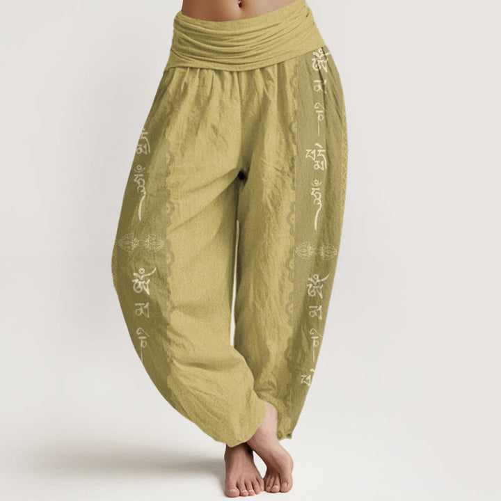 Pantaloni harem da donna con elastico in vita e motivo Buddha Stones in cotone Om Mani Padme Hum - Cachi - US22, UK/AU26, EU54 (6XL) - image 7