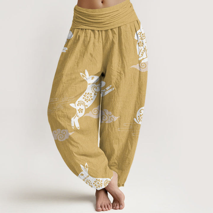 Pantaloni harem da donna con elastico in vita e motivo a nuvola di buon auspicio con coniglio bianco Buddha Stones - Cachi - US22, UK/AU26, EU54 (6XL) - image 5
