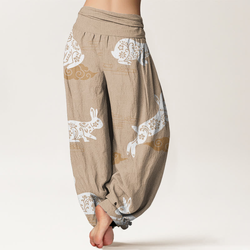 Pantaloni harem da donna con elastico in vita e motivo a nuvola di buon auspicio con coniglio bianco Buddha Stones - image 9
