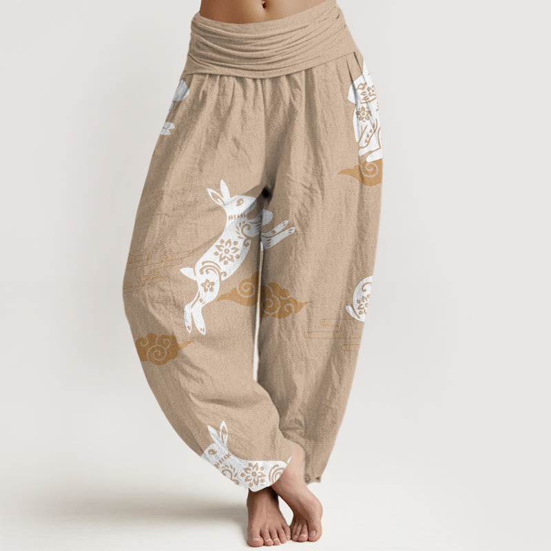 Pantaloni harem da donna con elastico in vita e motivo a nuvola di buon auspicio con coniglio bianco Buddha Stones - BurlyWood - US22, UK/AU26, EU54 (6XL) - image 8