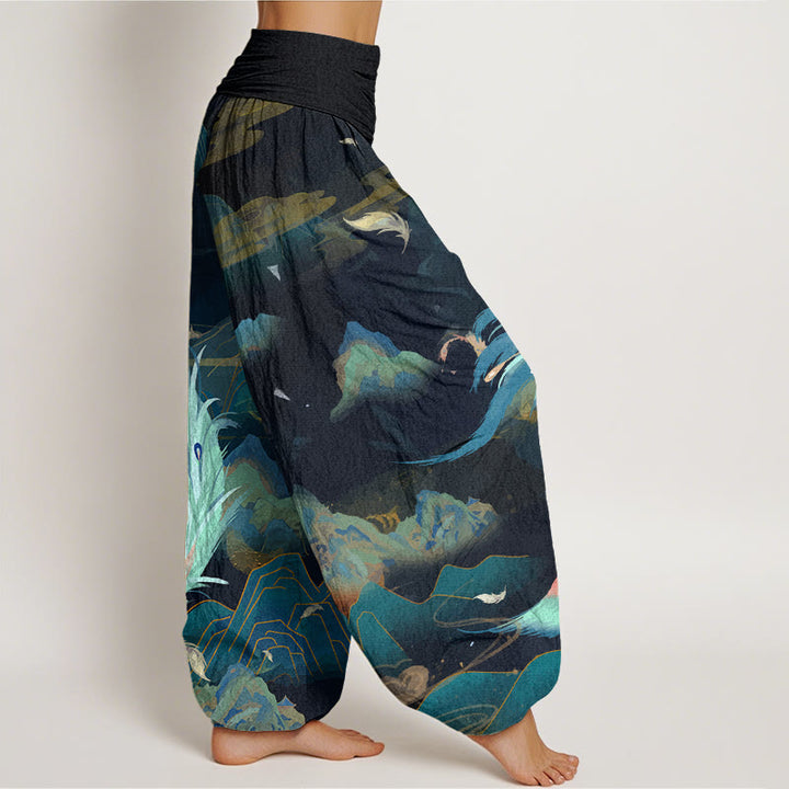 Pantaloni harem da donna con elastico in vita e motivo a nuvola e montagna di fenice con Buddha Stones - image 3