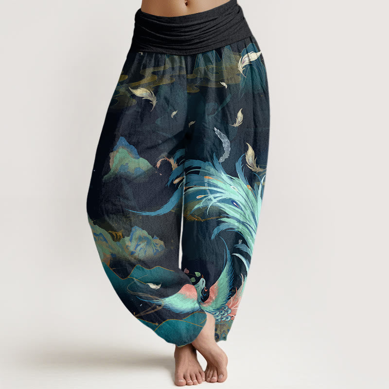 Pantaloni harem da donna con elastico in vita, motivo Buddha Stones Cotton Phoenix Mountain Cloud - Ciano scuro - US22, UK/AU26, EU54 (6XL) - image 0