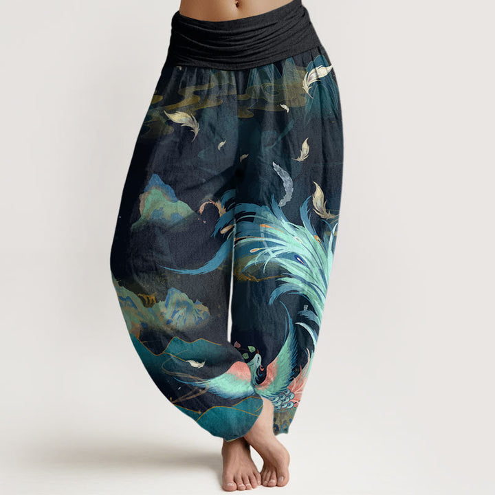 Pantaloni harem da donna con elastico in vita, motivo Buddha Stones Cotton Phoenix Mountain Cloud - Ciano scuro - US22, UK/AU26, EU54 (6XL) - image 0