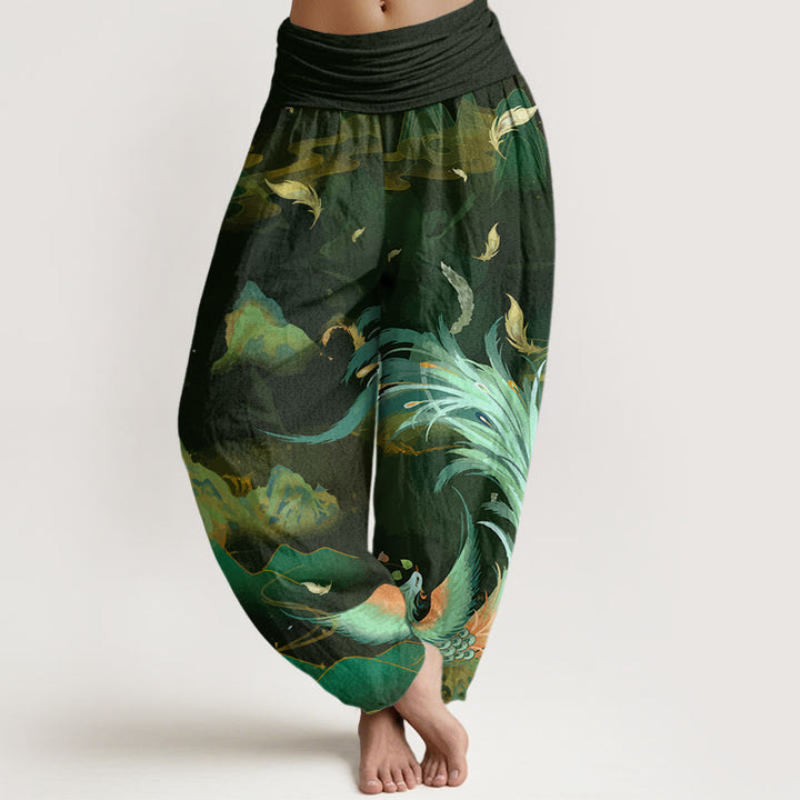 Pantaloni harem da donna con elastico in vita e motivo a nuvola e montagna di fenice con Buddha Stones - Verde oliva - US22, UK/AU26, EU54 (6XL) - image 5