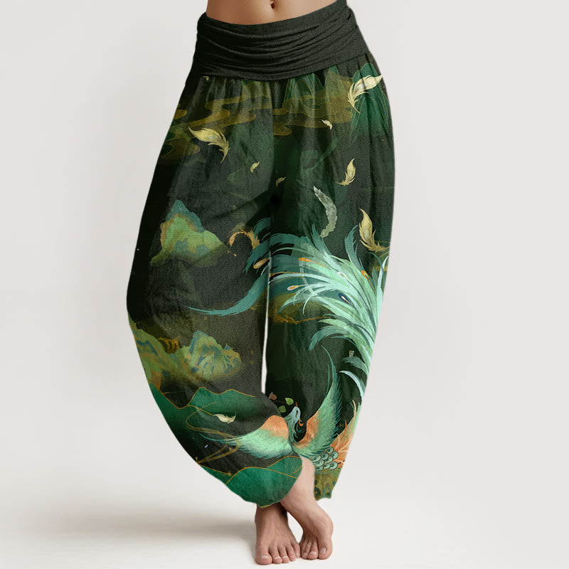 Pantaloni harem da donna con elastico in vita, motivo Buddha Stones Cotton Phoenix Mountain Cloud - Verde oliva - US22, UK/AU26, EU54 (6XL) - image 4