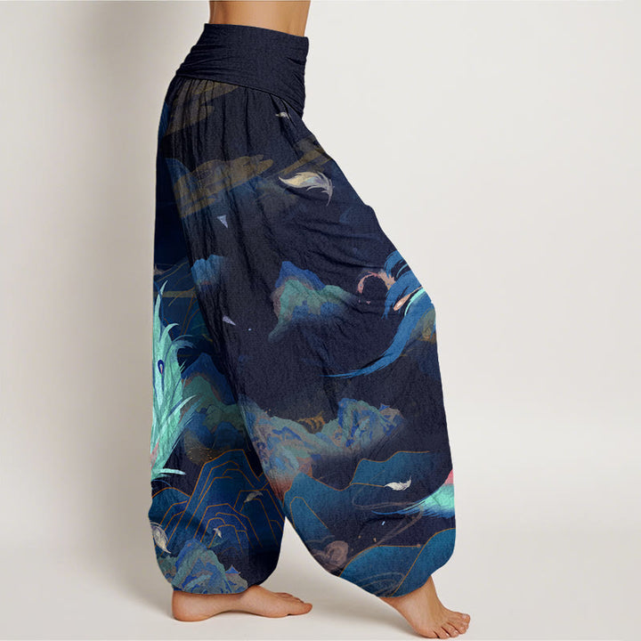 Pantaloni harem da donna con elastico in vita e motivo a nuvola e montagna di fenice con Buddha Stones - image 10