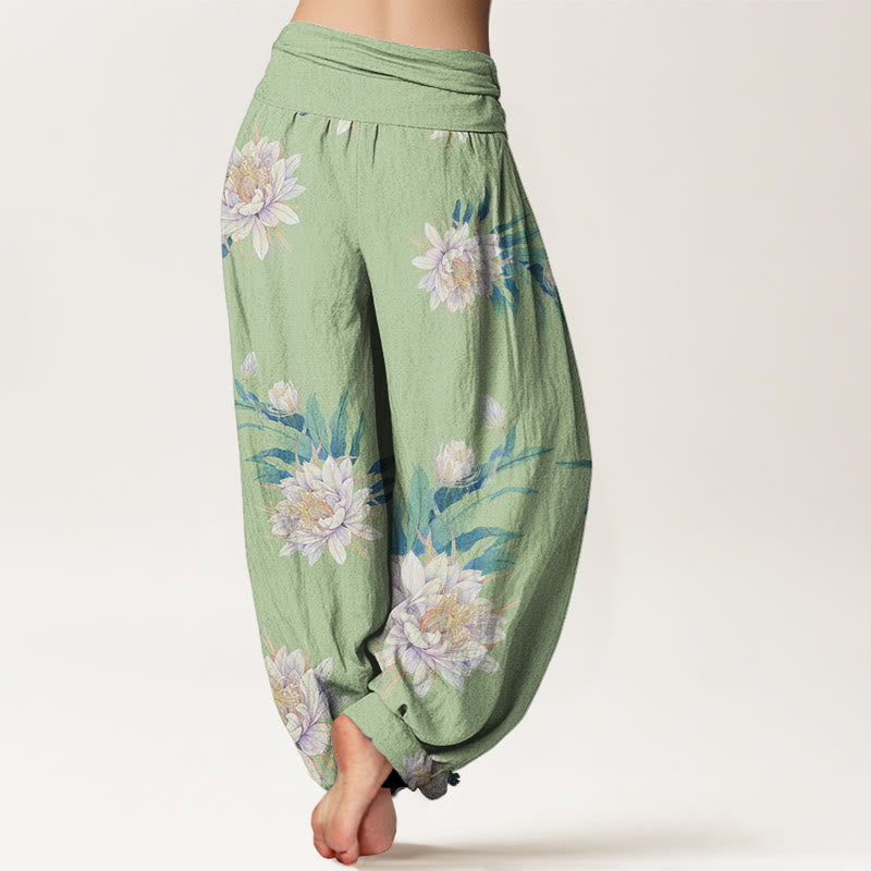 Pantaloni harem da donna con elastico in vita e motivo Epiphyllum con Buddha Stones - image 2