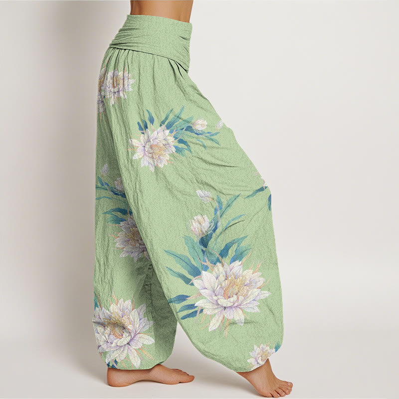 Pantaloni harem da donna con elastico in vita e motivo Epiphyllum con Buddha Stones - image 3