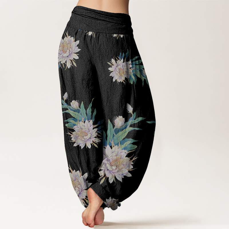 Pantaloni harem da donna con elastico in vita e motivo Epiphyllum con Buddha Stones - image 6
