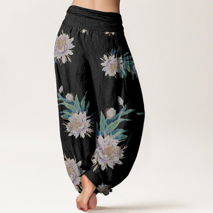Pantaloni harem da donna con elastico in vita e motivo Epiphyllum con Buddha Stones - image 6