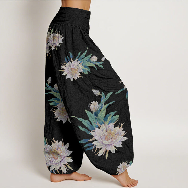 Pantaloni harem da donna con elastico in vita e motivo Epiphyllum con Buddha Stones - image 7